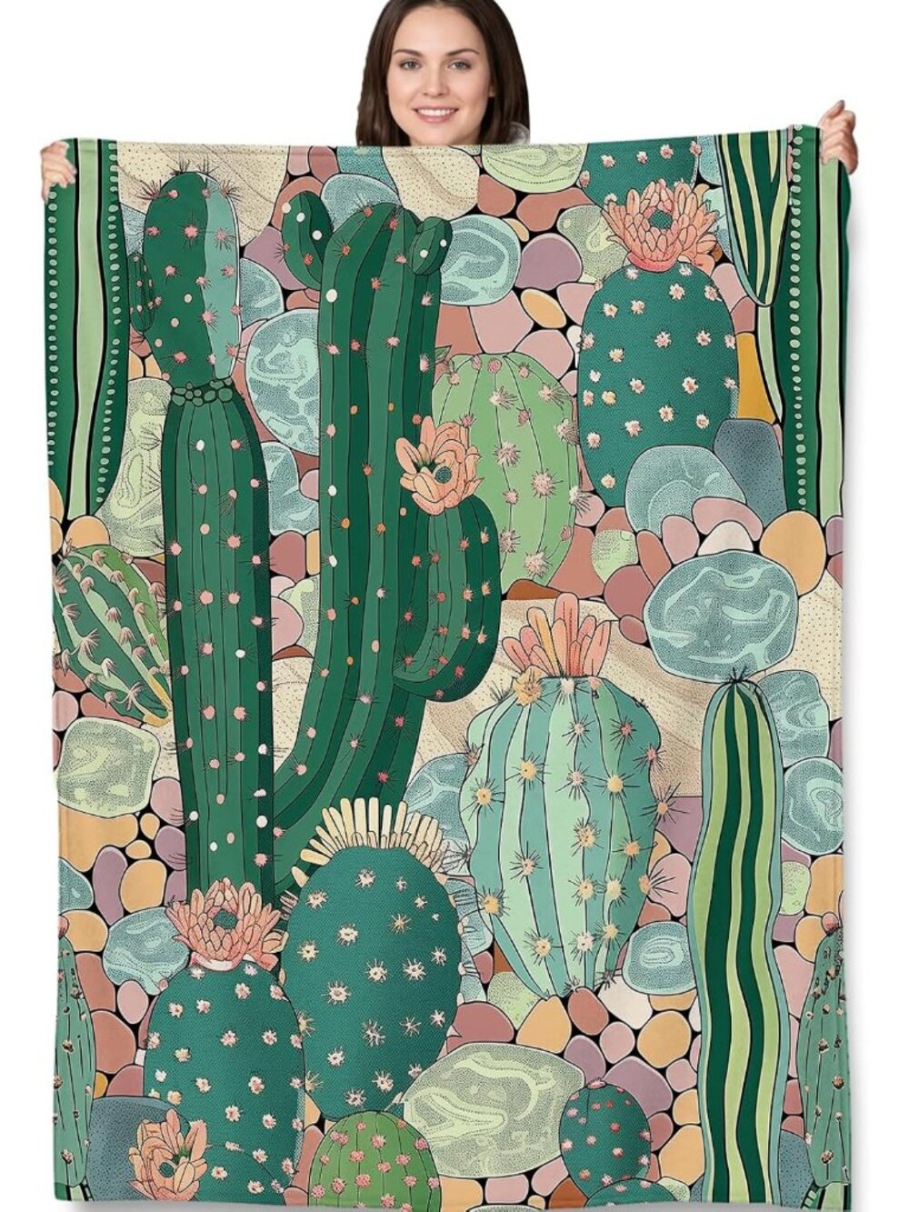 Cactus Pattern Blanket, Desert-Themed Fleece Throw with Colorful Cactus Design,